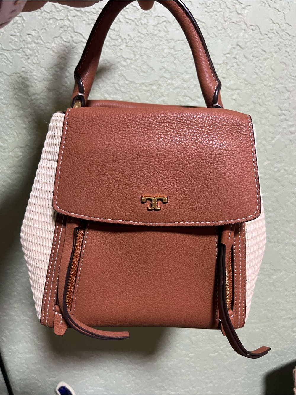 Tory Burch Half Moon Straw Bag Purse Brown & Cream Top-Handle Shoulder Bag